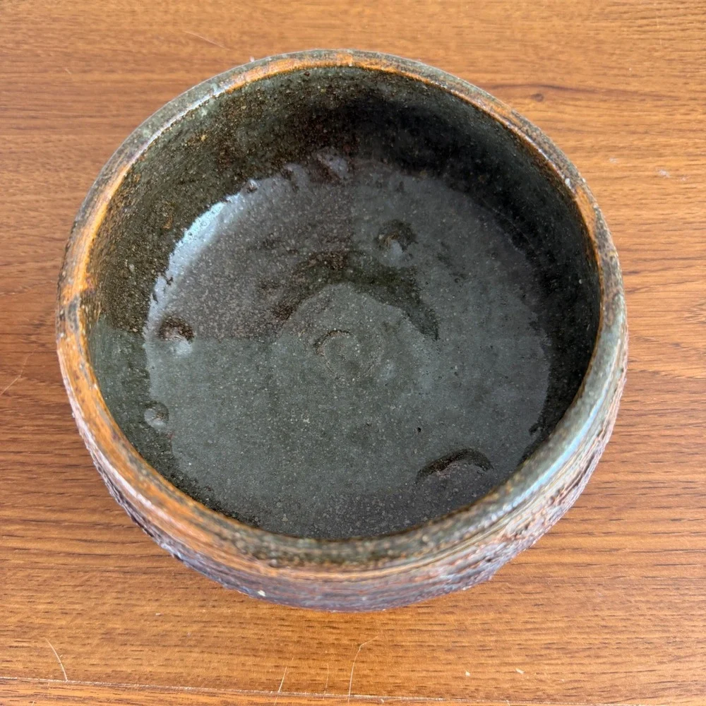 Signed Studio Art Pottery Bowl Rustic Hand Thrown Brown Green Stoneware 6 Inch